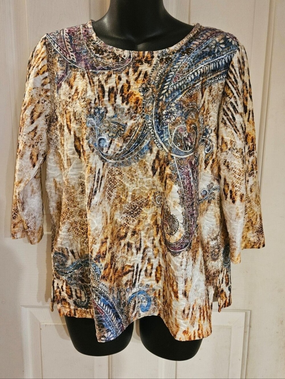 Alfred Dunner Brown Animal & Blue Paisley Scoop Neck Long Sleeve Top
